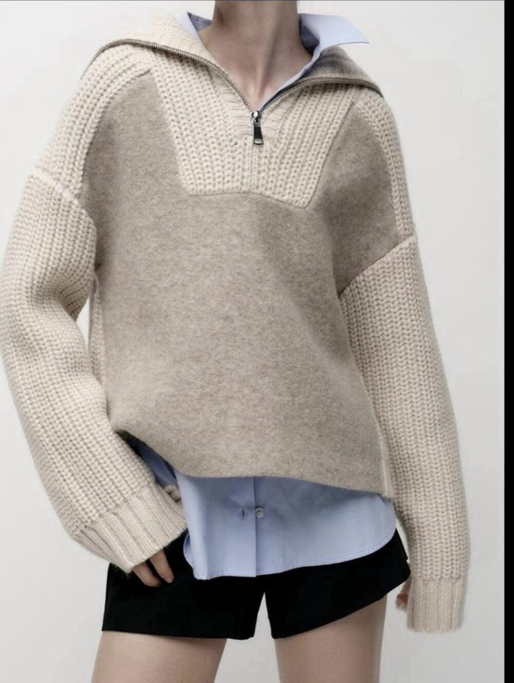 ZARA Wool Alpaca Blend Knit Quarter Zip Sweater Beige Chunky Women’s Size XS/S